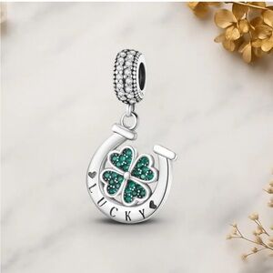 925 Lucky Clover Horseshoe Charm-NEW